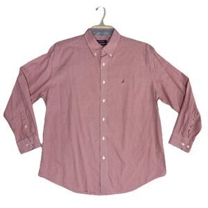Nautica Mens Size 16.5 32/33 Classic Fit Red White Navy Button Up Shirt